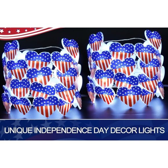 60 LED 2 Pack Red White and Blue Lights, 20 FT 4th of July Heart Flags Lights Re - Picture 3 of 7